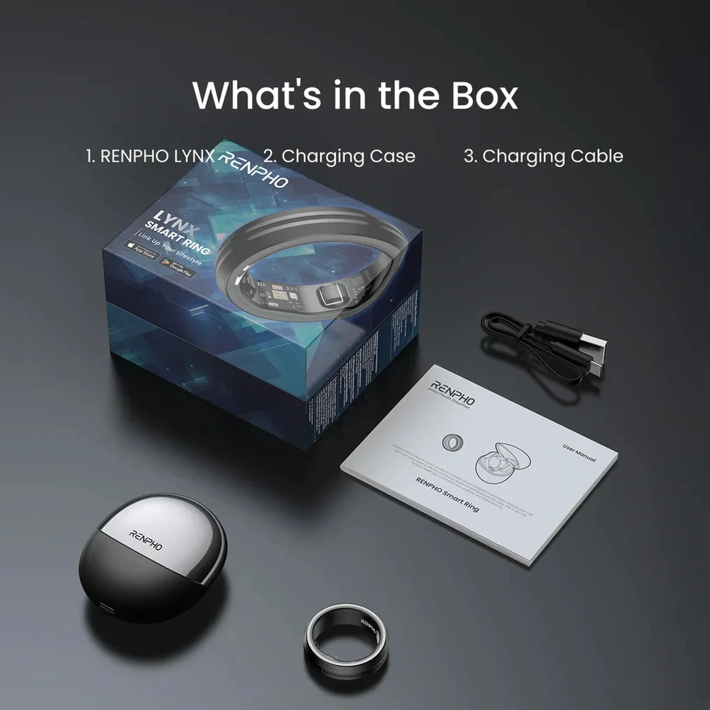 Renpho Lynx Smart Ring Size 8 Black Health Fitness Tracker w/ Charging Case NIB